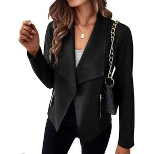 NWT PrettyGarden Black Drape Front Jacket Faux Suede Waterfall Moto Biker Size S